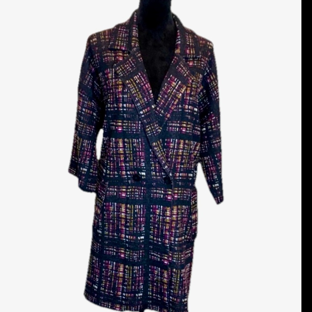 Joan Vass 3/4 Sleeve Oversized Plaid Sweater Blazer Cardigan coatgan